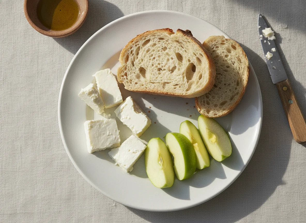 Desayuno con pan, queso y manzana photo