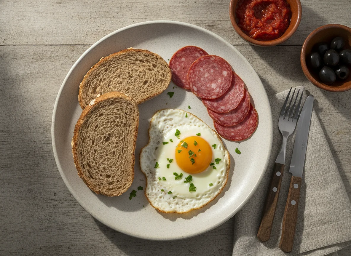 Desayuno con pan, salami y huevo frito photo