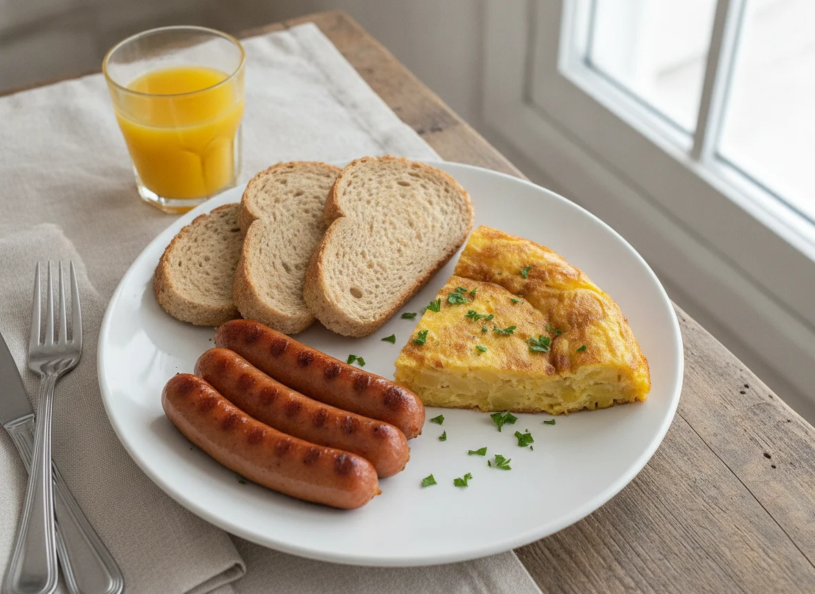 Desayuno con pan, salchichas y tortilla photo