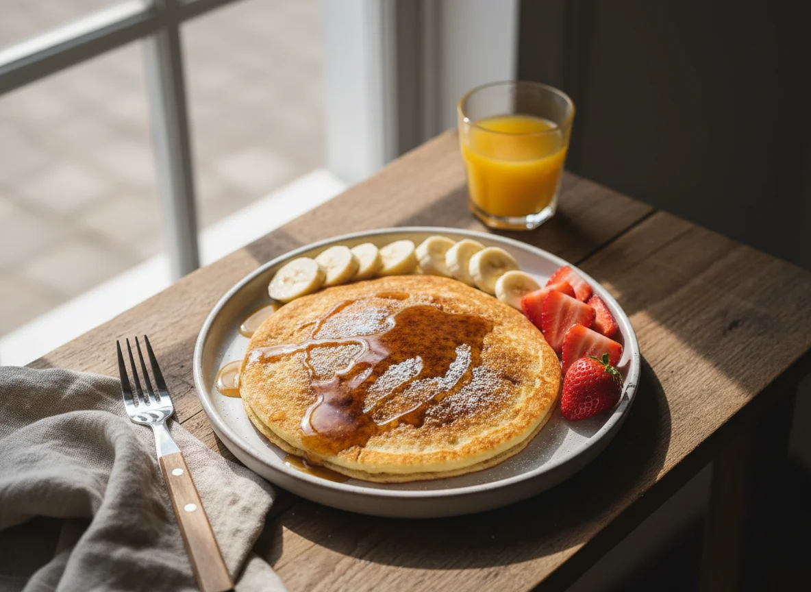 Desayuno con panqueque y frutas photo