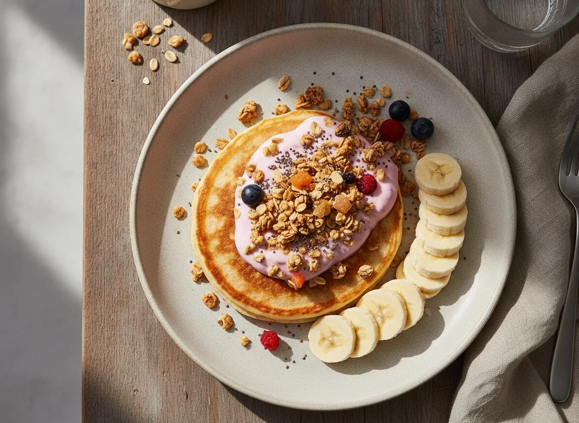 Desayuno con panqueque y yogur con granola photo