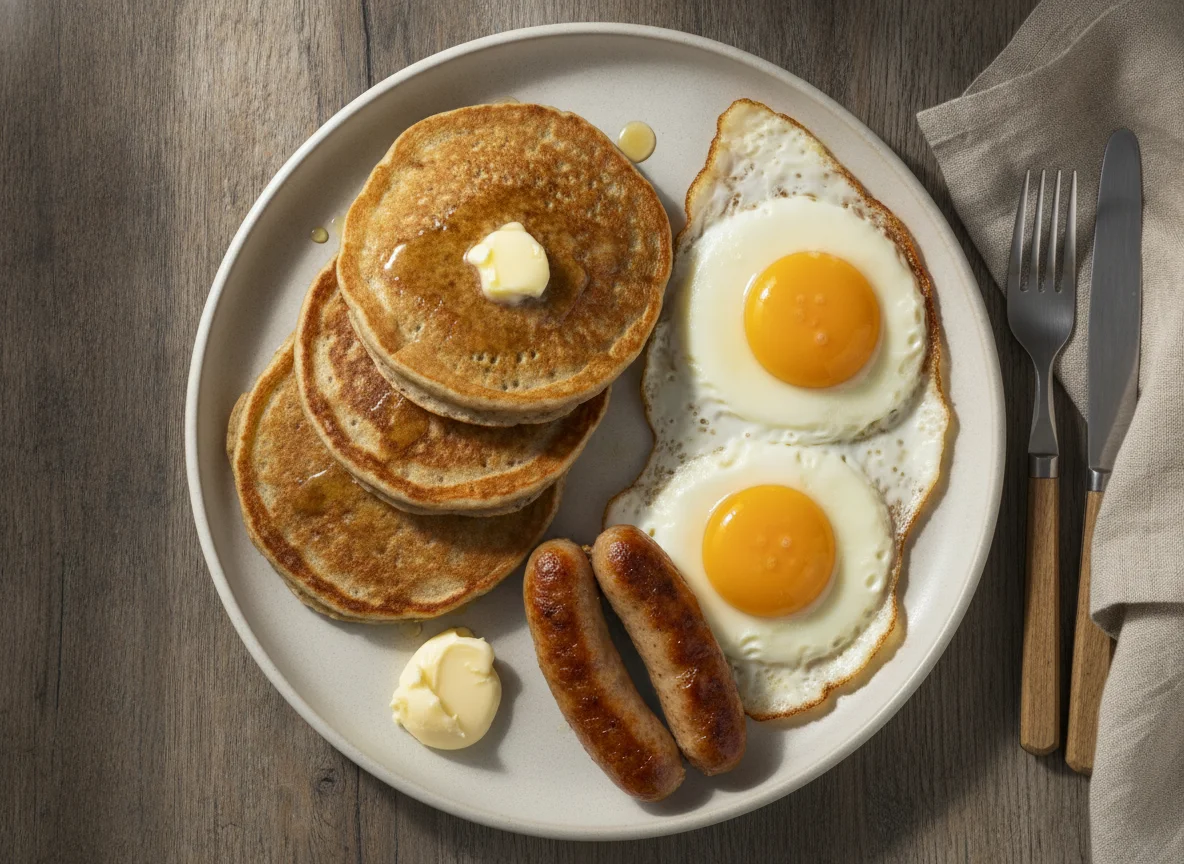 Desayuno con panqueques, salchichas y huevos fritos photo