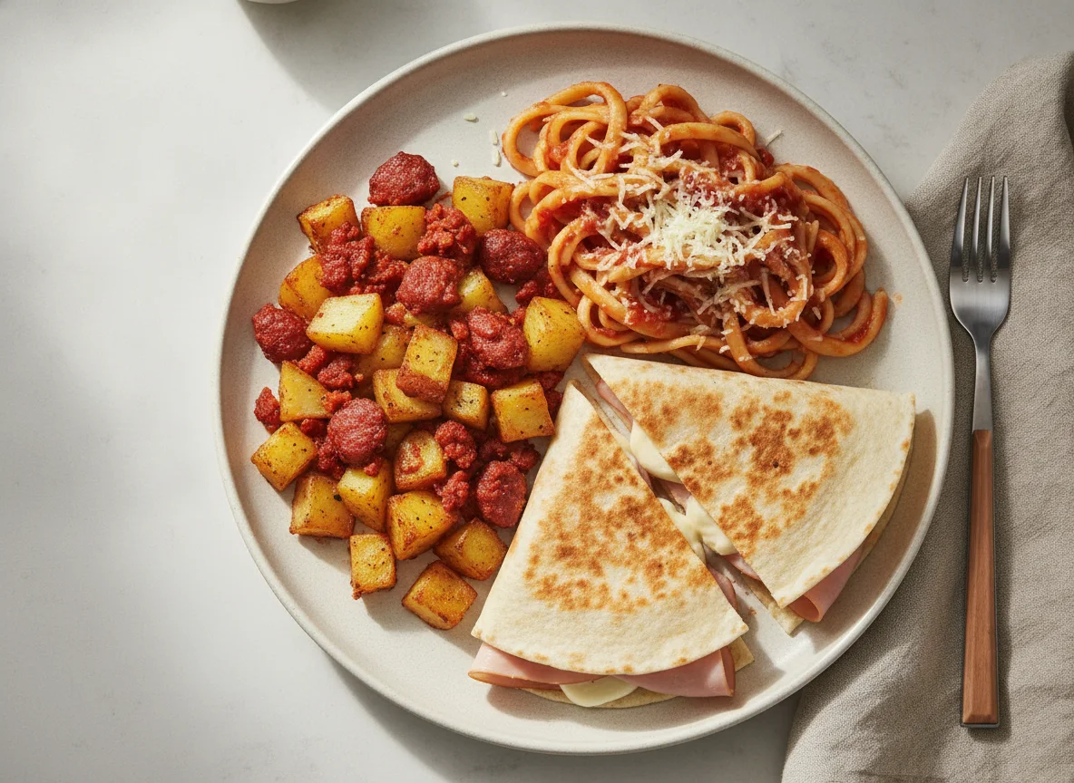 Desayuno con papas con chorizo, pasta y quesadilla de jamón photo