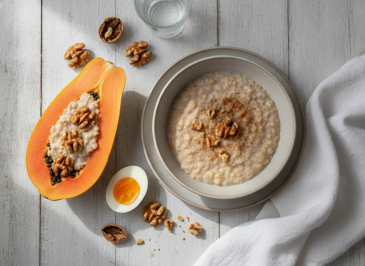 Desayuno con papaya, huevo, nueces y avena photo