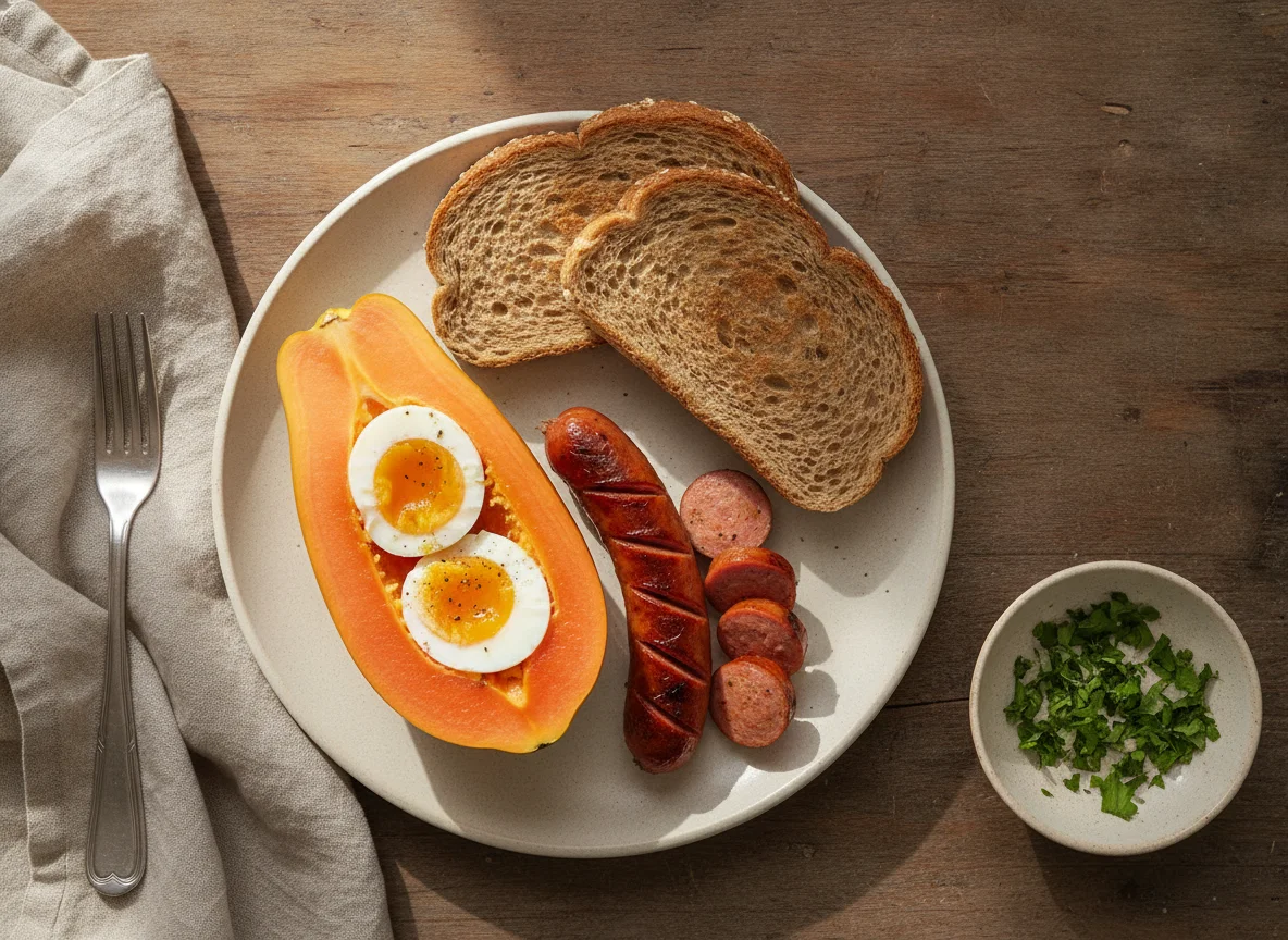 Desayuno con papaya, huevo, salchicha y pan photo