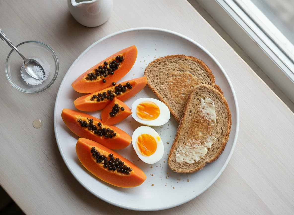 Desayuno con papaya, huevos cocidos y pan tostado photo