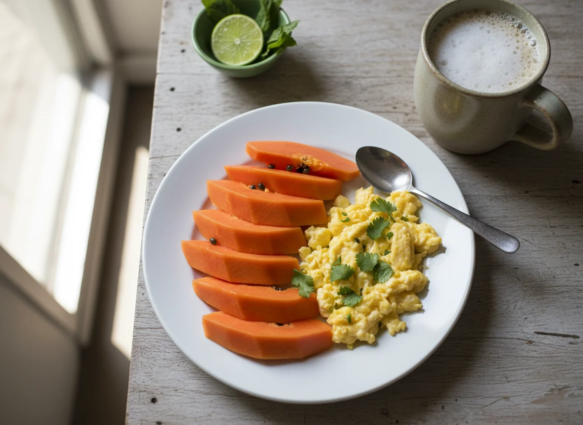 Desayuno con papaya, huevos revueltos y café photo