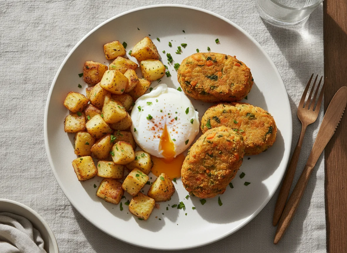 Desayuno con patatas, huevo y croquetas de verduras photo
