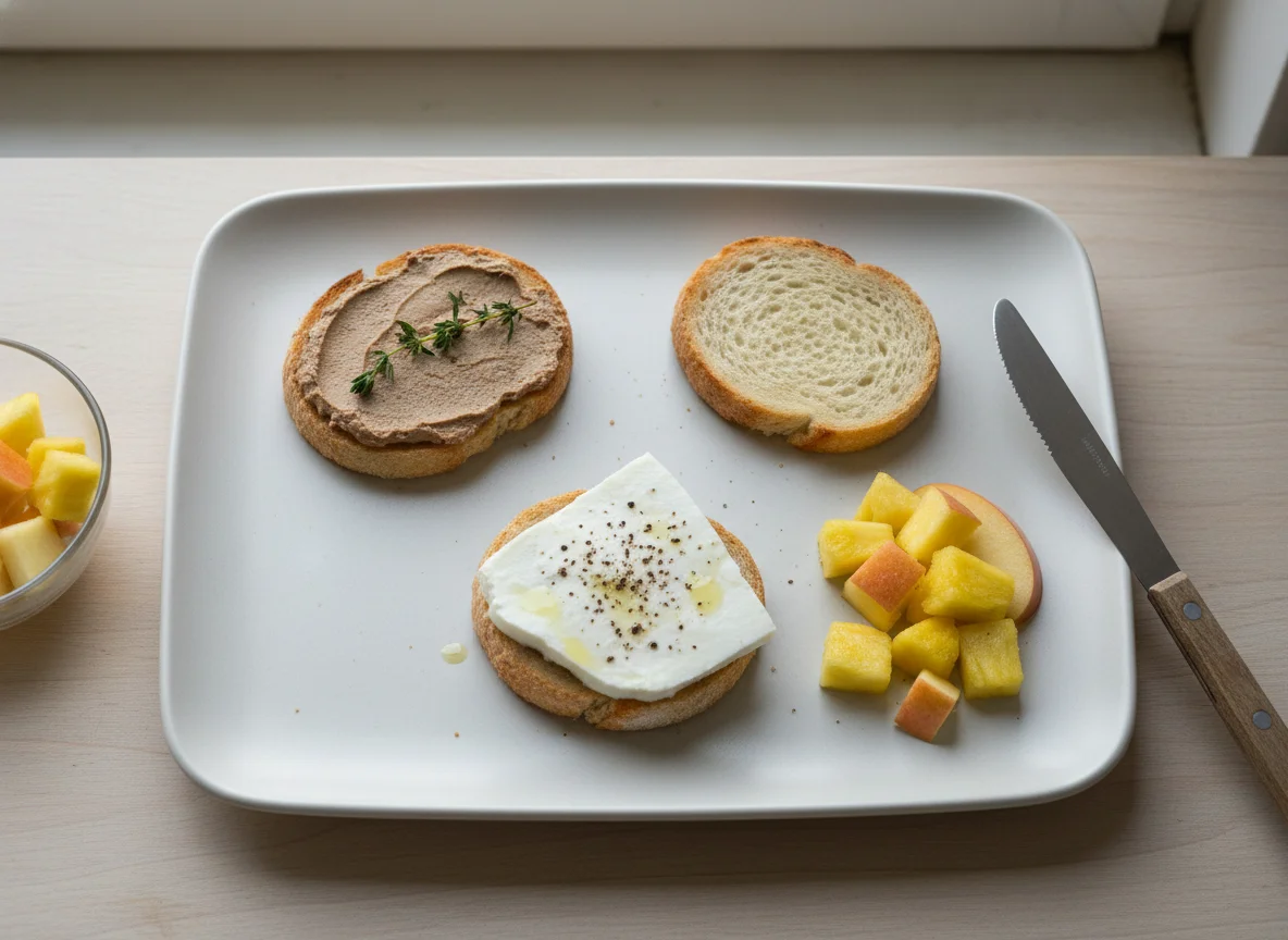 Desayuno con paté, queso fresco y fruta photo