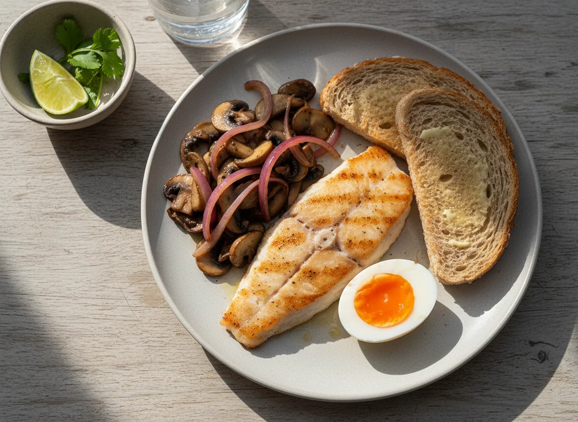 Desayuno con pescado, champiñones y huevo photo