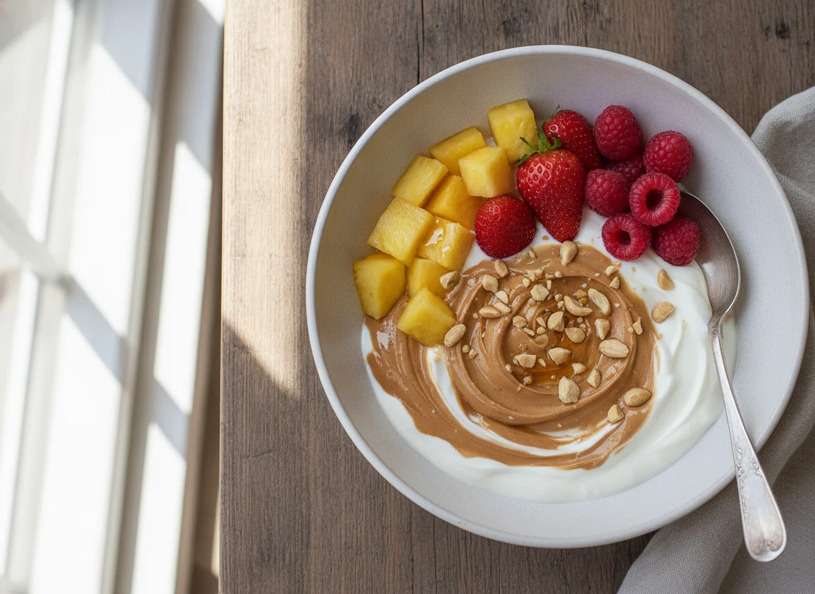 Desayuno con piña, frutos rojos y crema de cacahuete photo