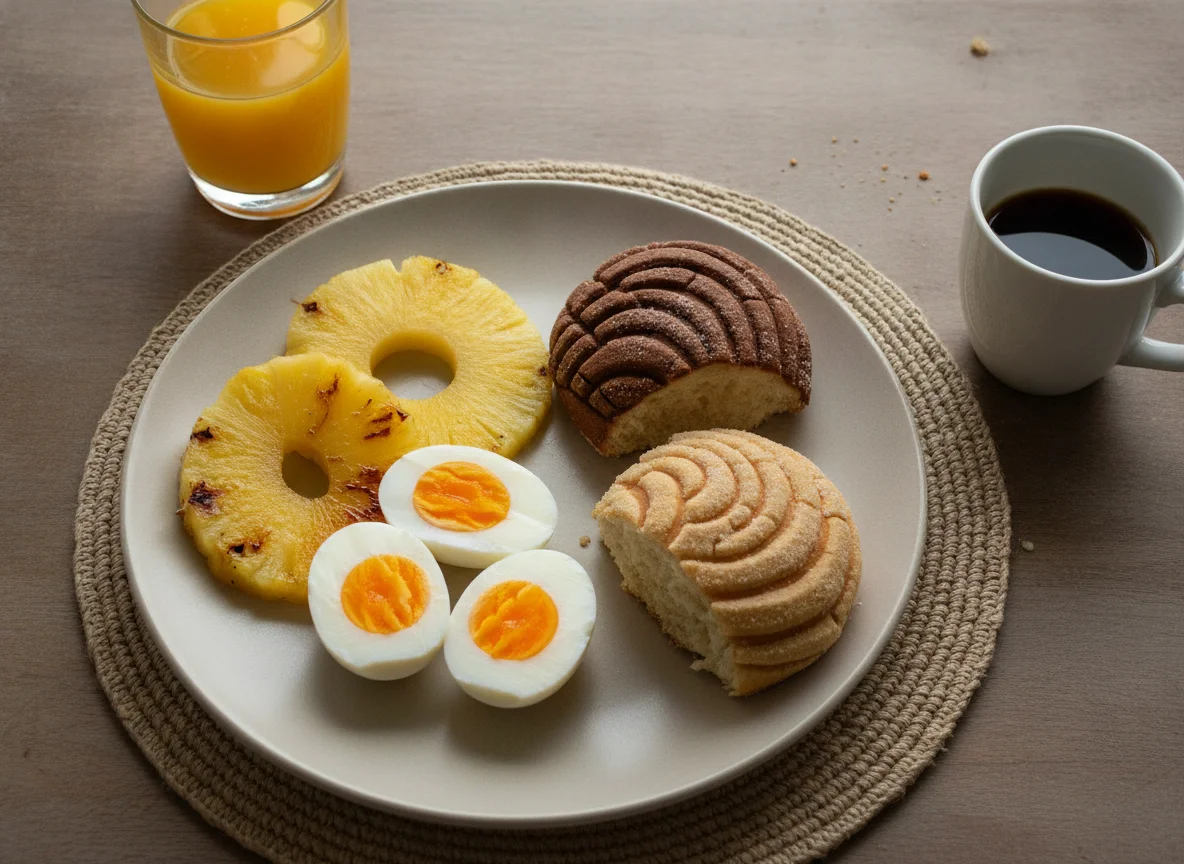 Desayuno con piña, huevos cocidos y pan photo