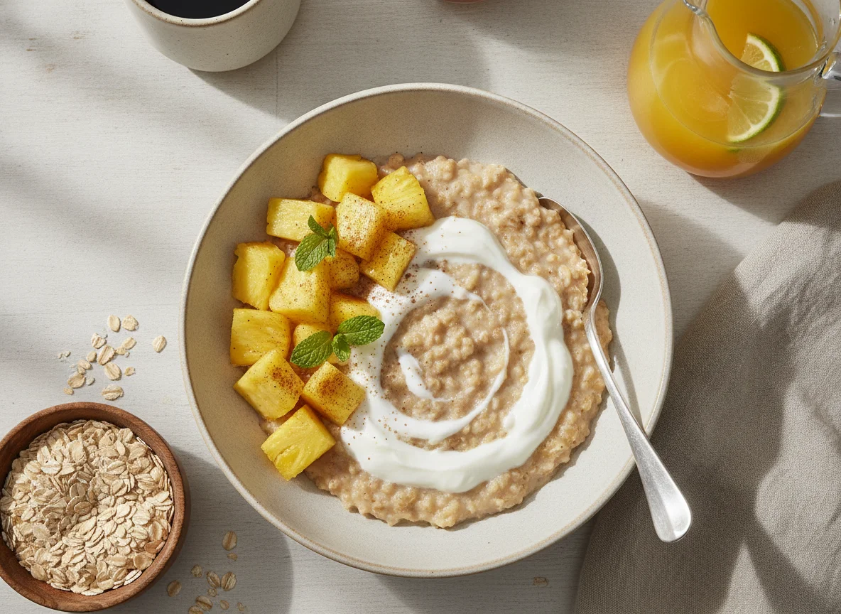 Desayuno con piña, yogur y avena photo