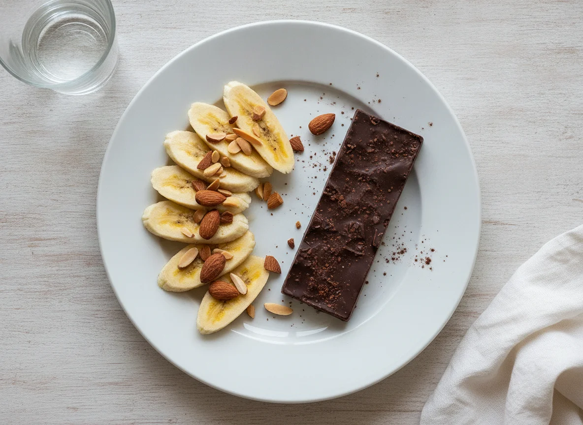 Desayuno con plátano, almendras y barrita de chocolate photo