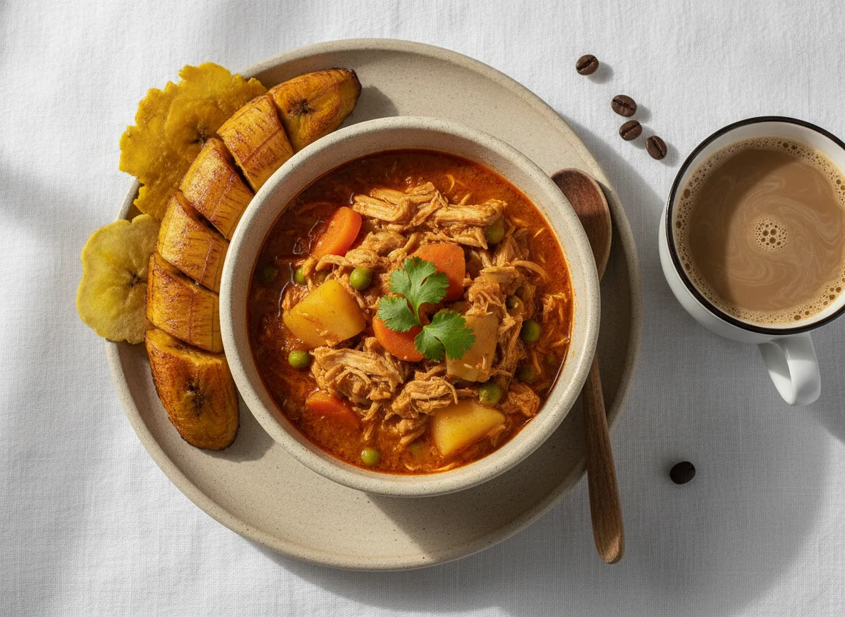 Desayuno con plátano, café con leche y guiso de pollo photo