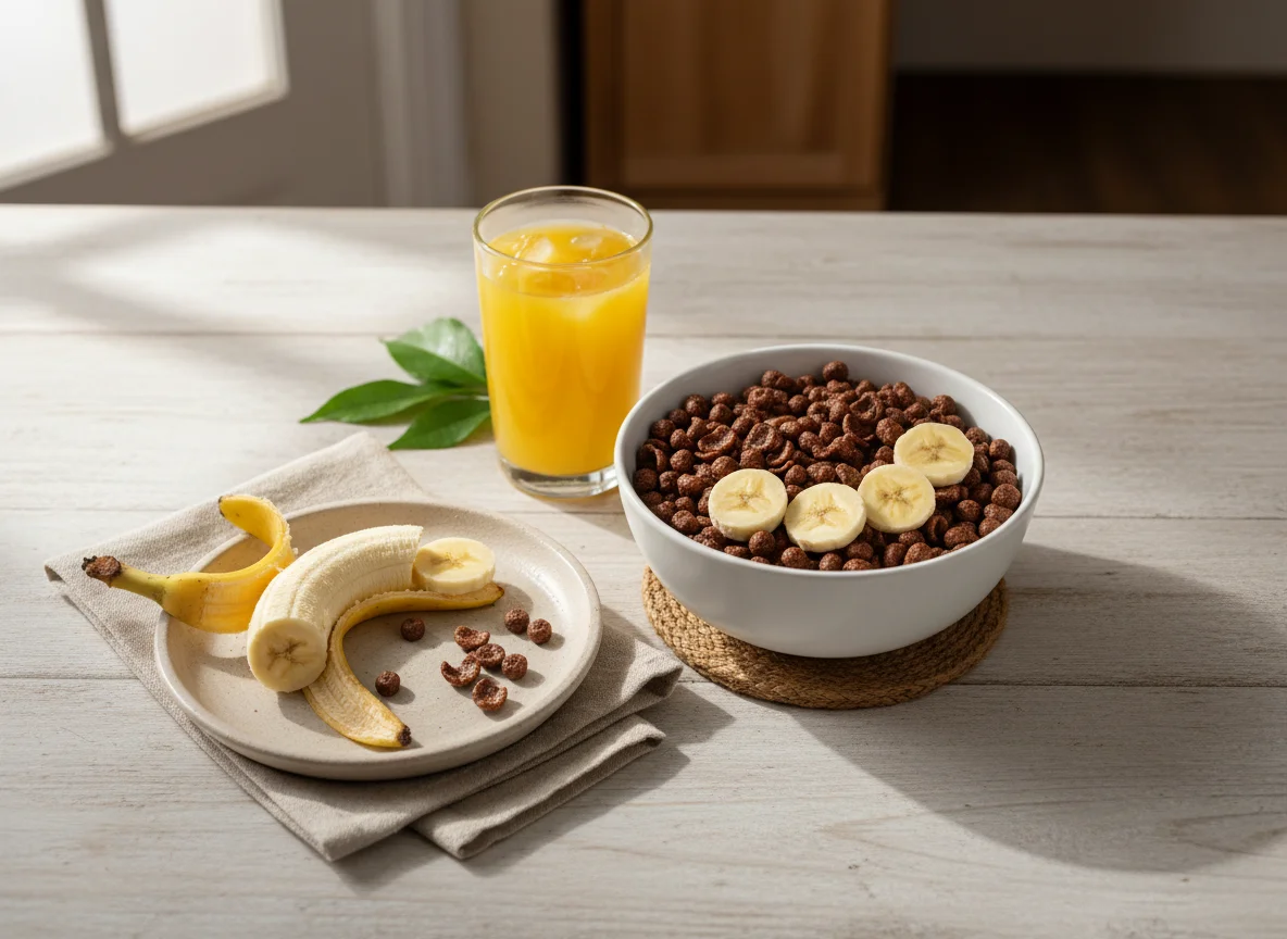 Desayuno con plátano, cereales y zumo de naranja photo