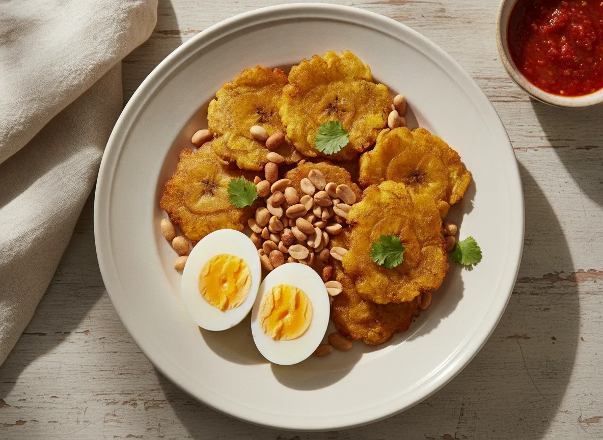 Desayuno con plátano frito, huevos duros y maní photo