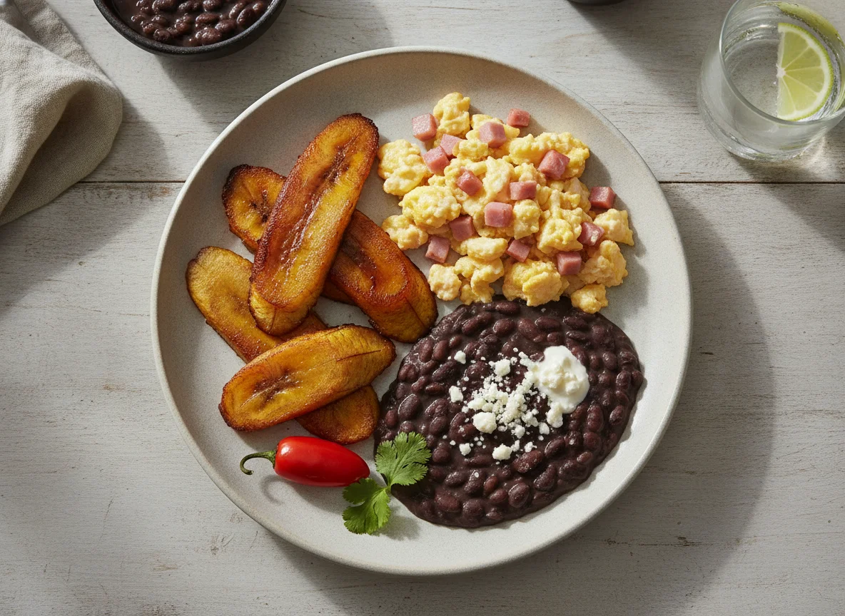 Desayuno con plátano frito, huevos revueltos y frijoles refritos photo