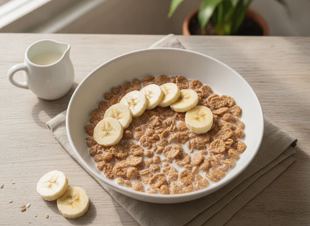 Desayuno con plátano, leche y cereales photo