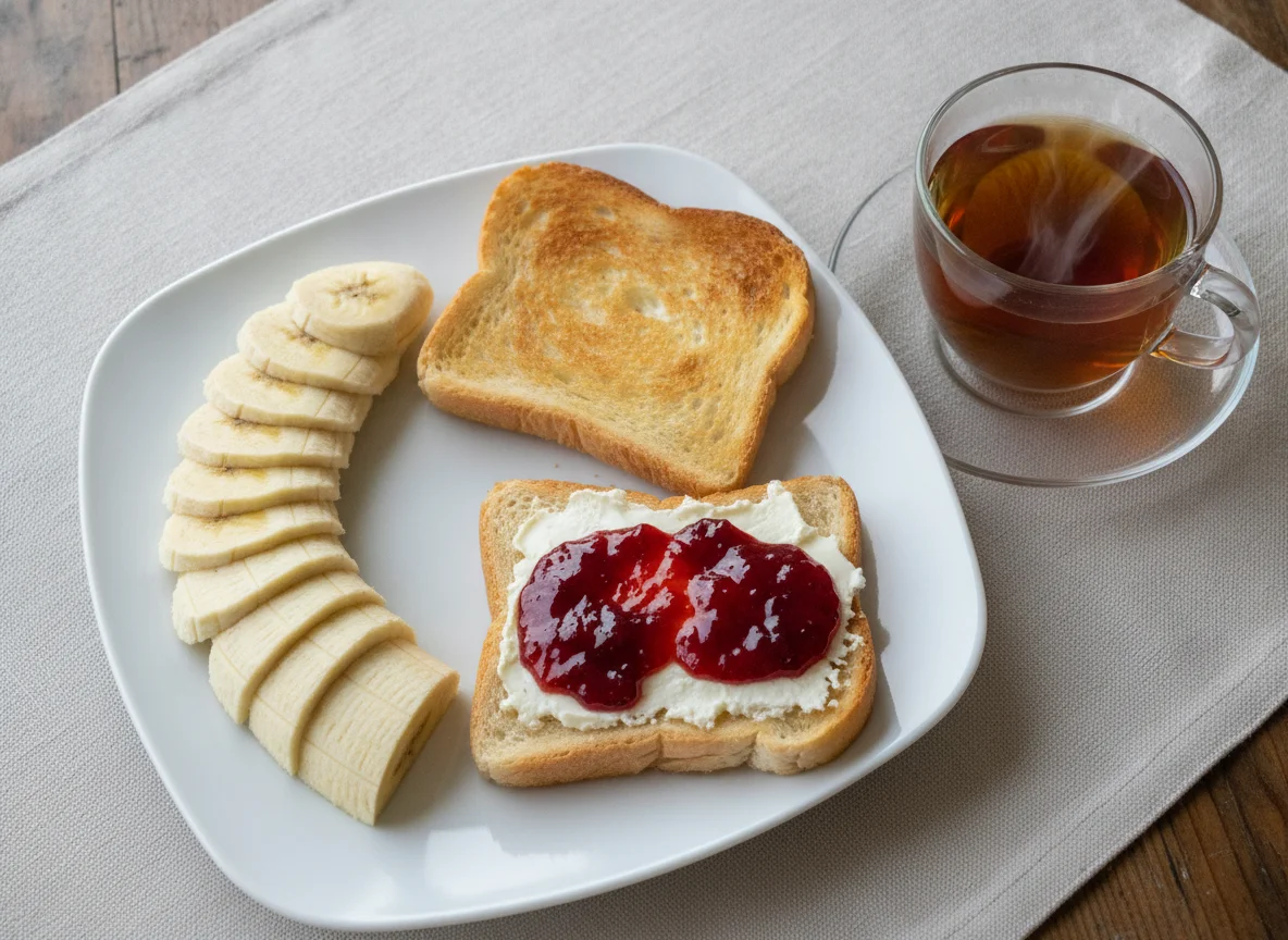 Desayuno con plátano, tostada y té photo