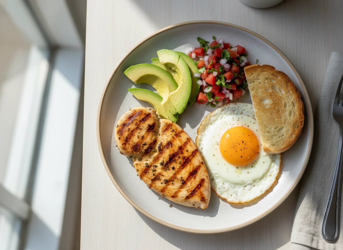 Desayuno con pollo, aguacate y huevo photo