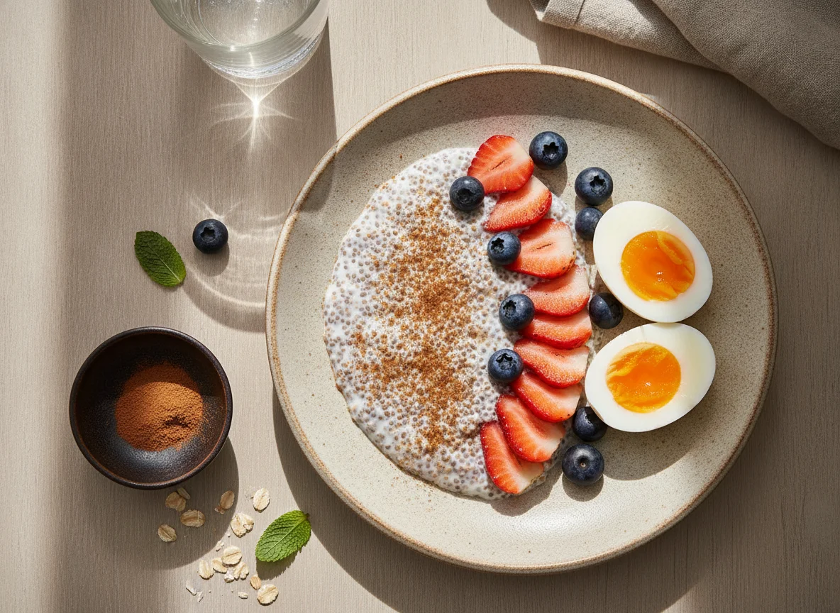 Desayuno con pudín de chía y huevos cocidos photo