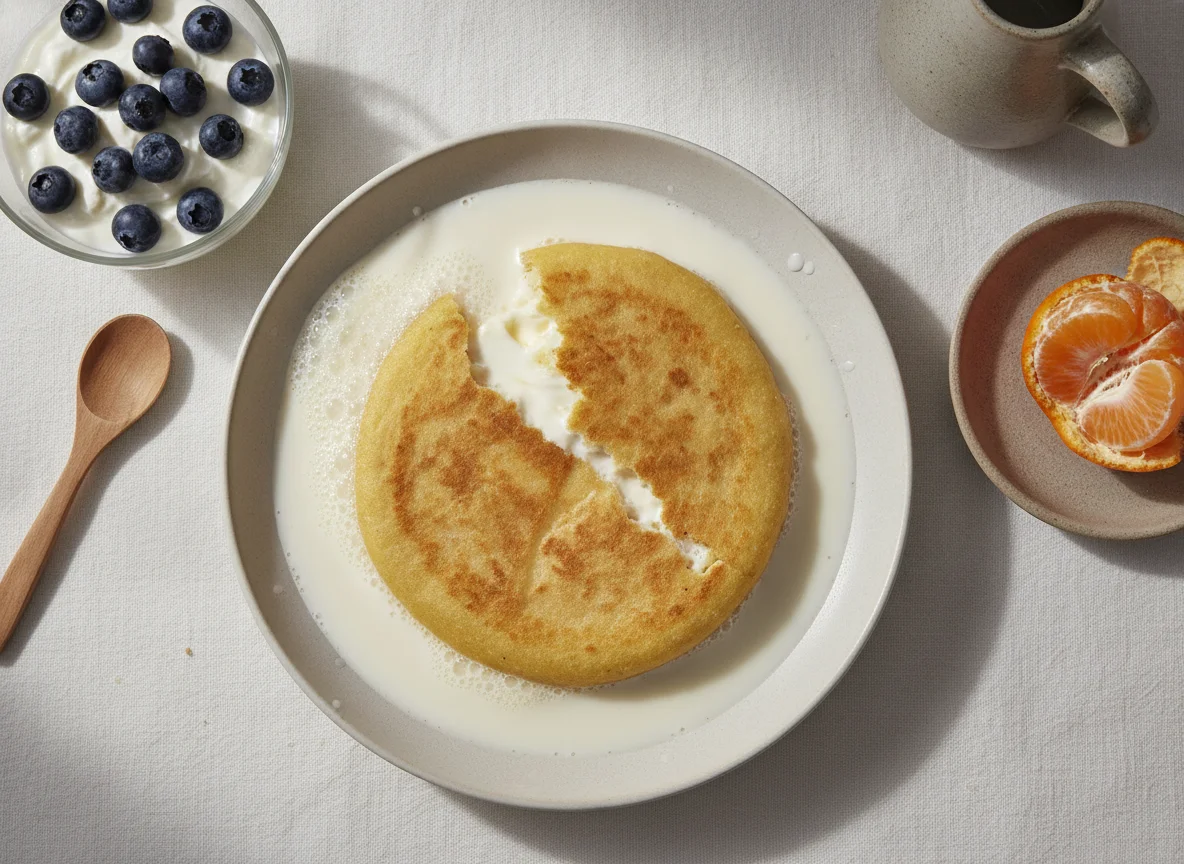 Desayuno con pupusa en leche, mandarina y yogur con arándanos photo