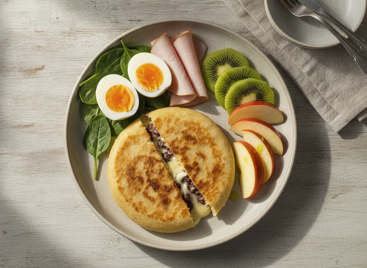 Desayuno con pupusa, huevo, jamón y fruta photo