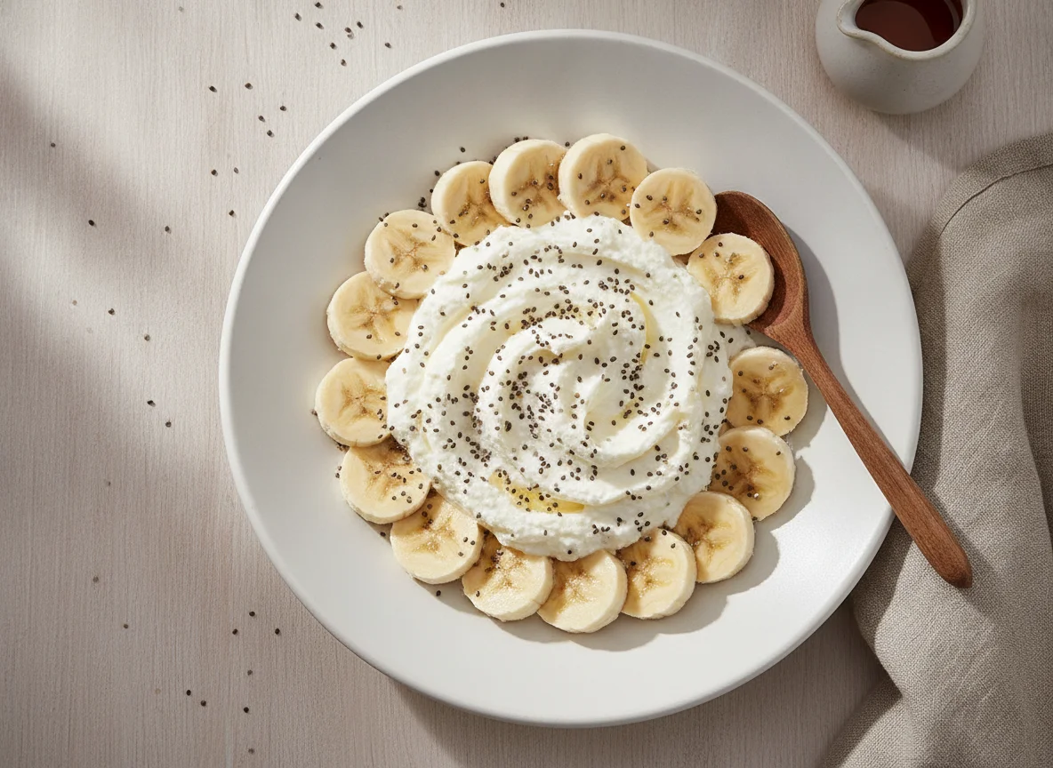 Desayuno con queso batido, plátano y chía photo