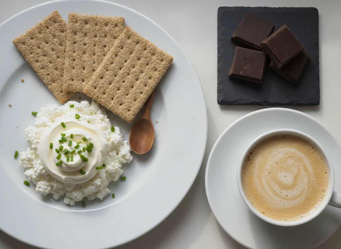 Desayuno con queso cottage, pan de centeno, café con leche y chocolate negro photo