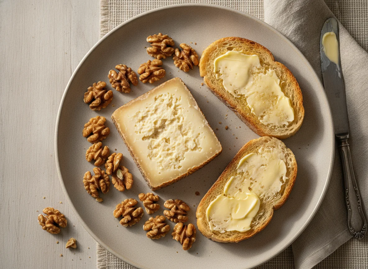 Desayuno con queso, nueces y tostadas con mantequilla photo
