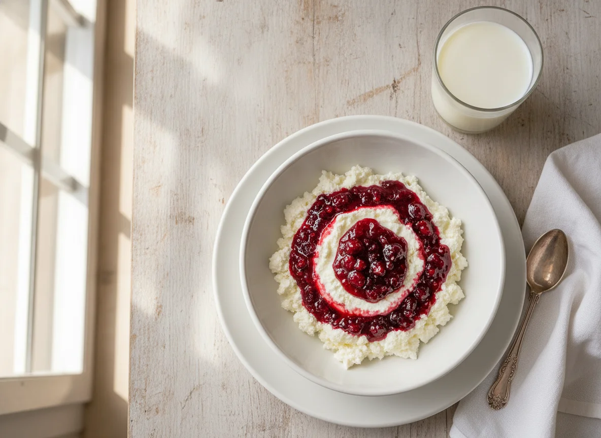 Desayuno con requesón, mermelada y leche photo