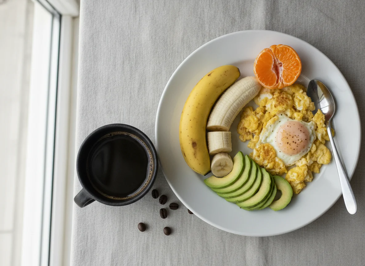 Desayuno con revuelto de huevo, palta, banana y mandarina photo