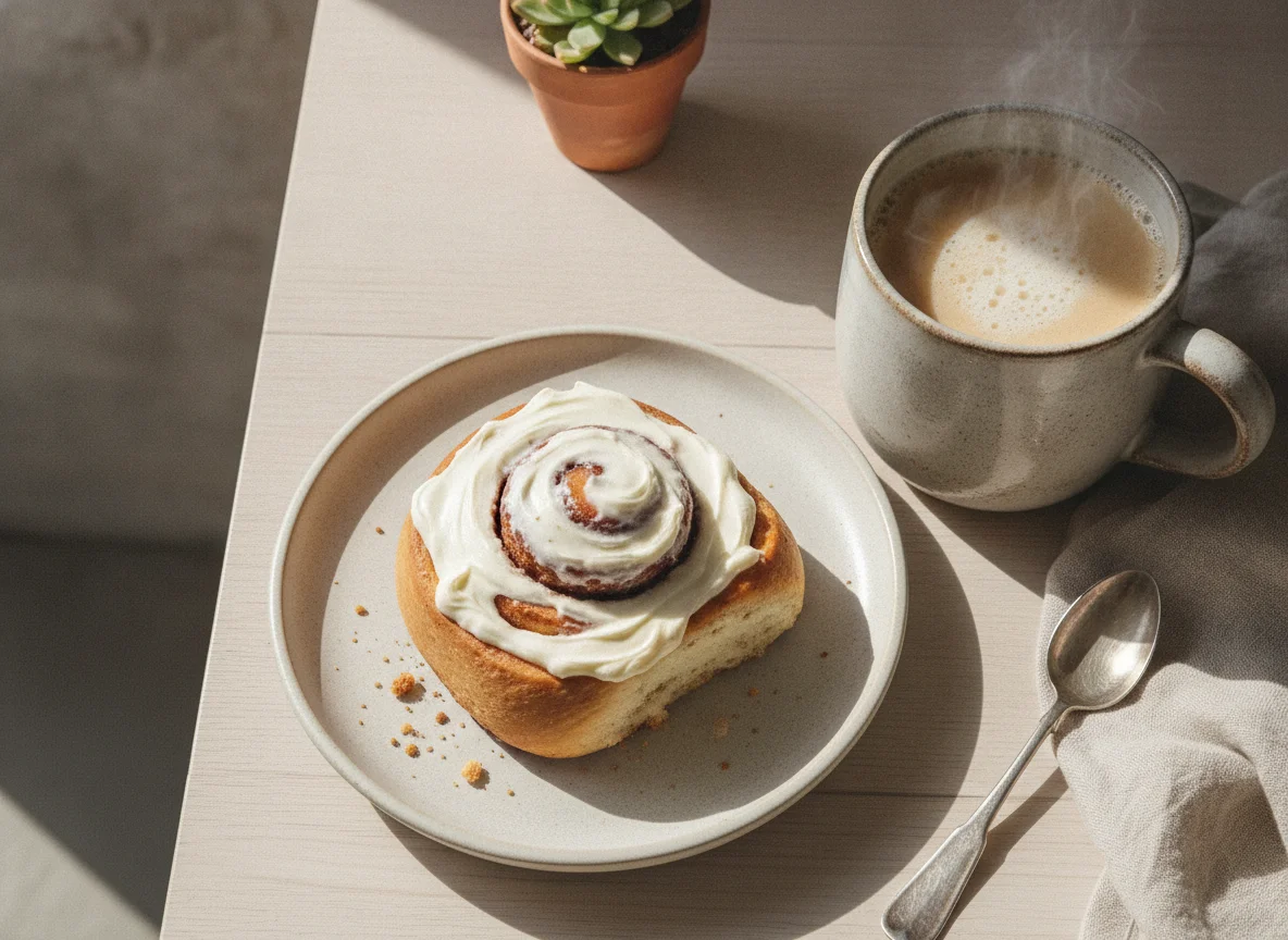 Desayuno con rollo de canela y café photo