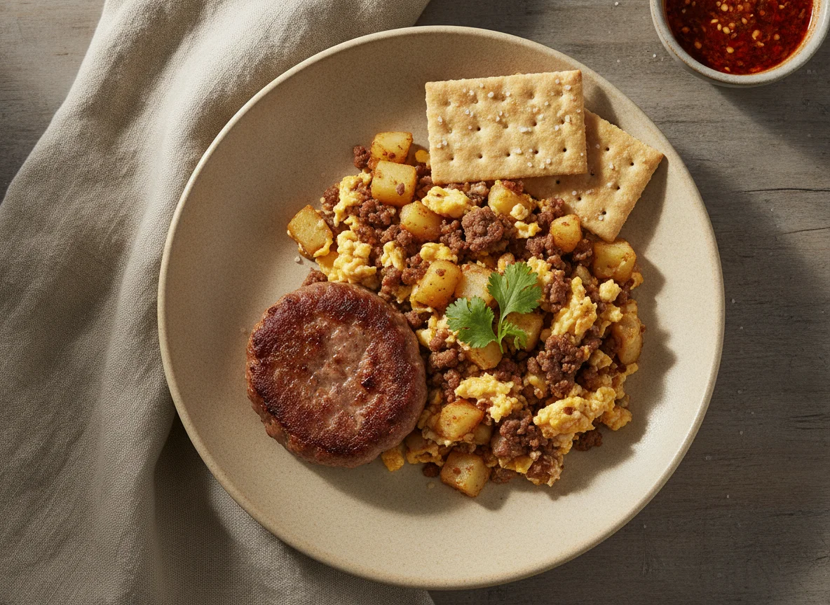 Desayuno con salchicha y revuelto de huevo photo