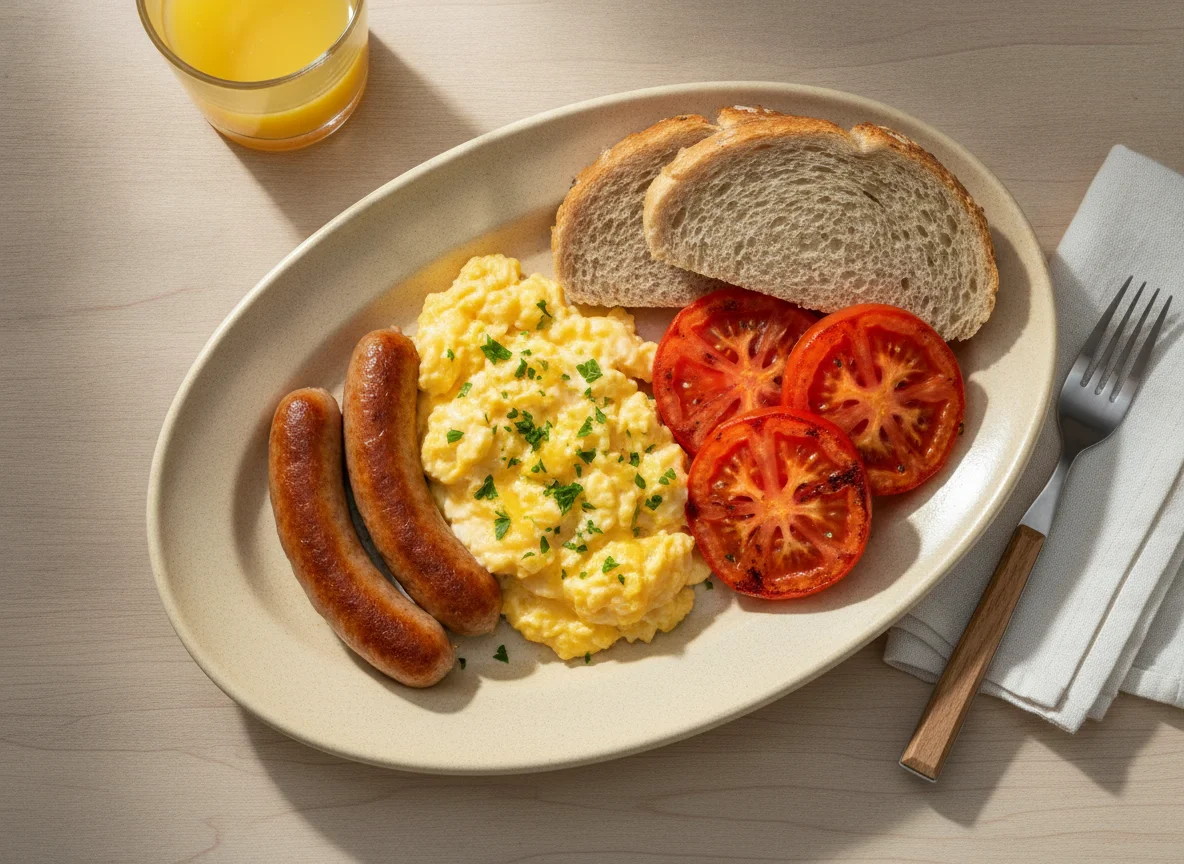 Desayuno con salchichas, huevos revueltos, tomate y pan integral photo
