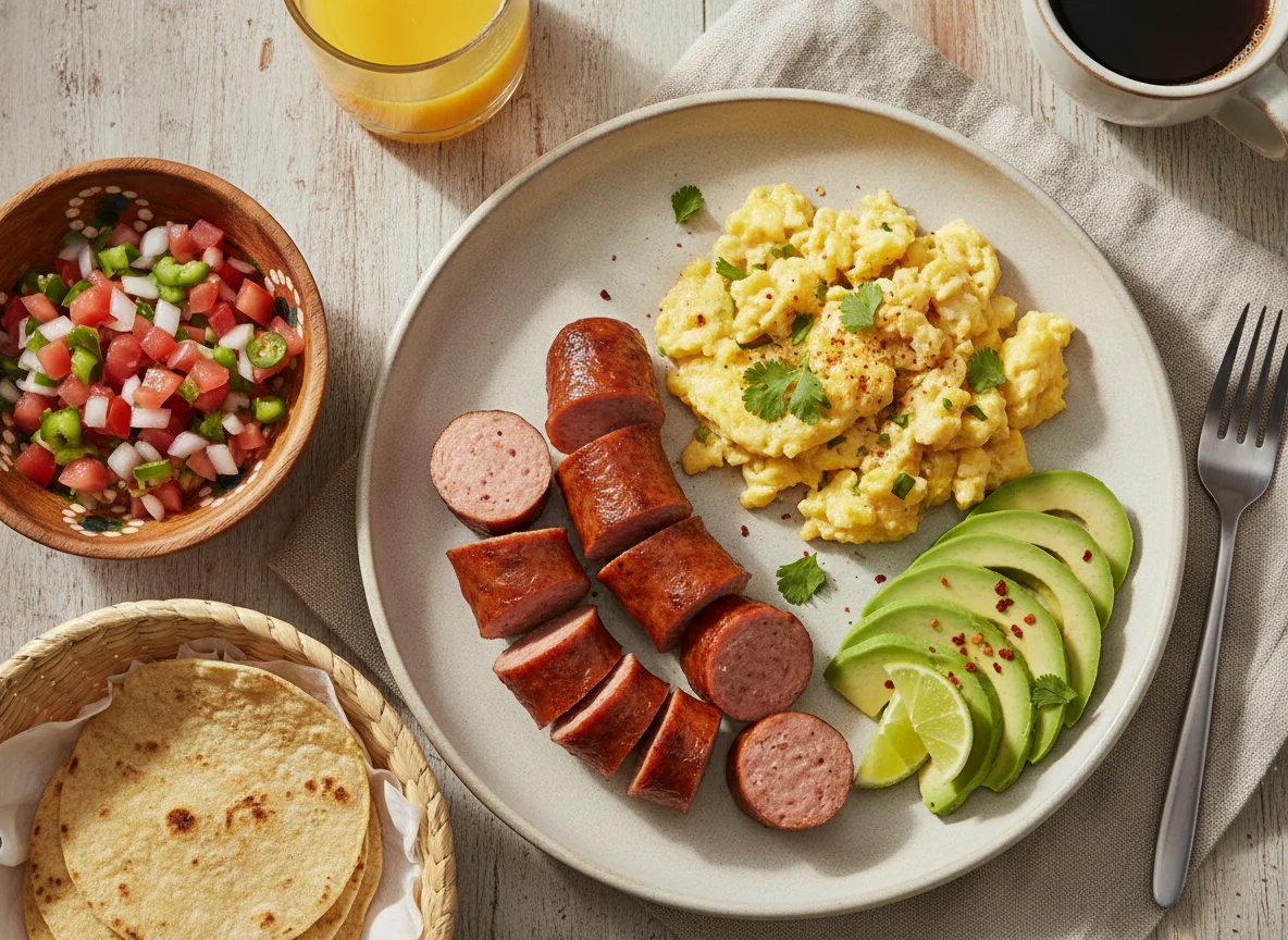 Desayuno con salchichas, huevos revueltos y aguacate photo