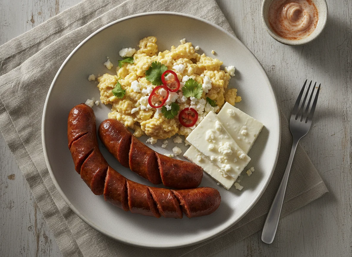 Desayuno con salchichas, huevos revueltos y queso photo