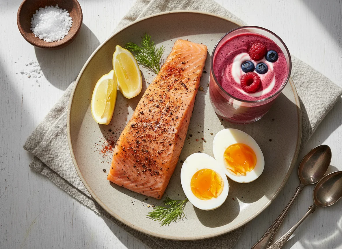 Desayuno con salmón, huevos cocidos y batido de frutas photo