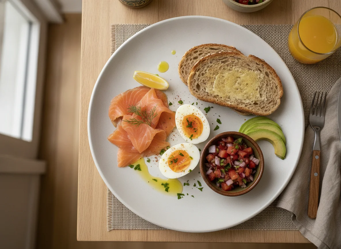 Desayuno con salmón, huevos y tostada photo