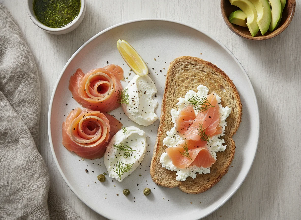 Desayuno con salmón, queso fresco y tostada photo