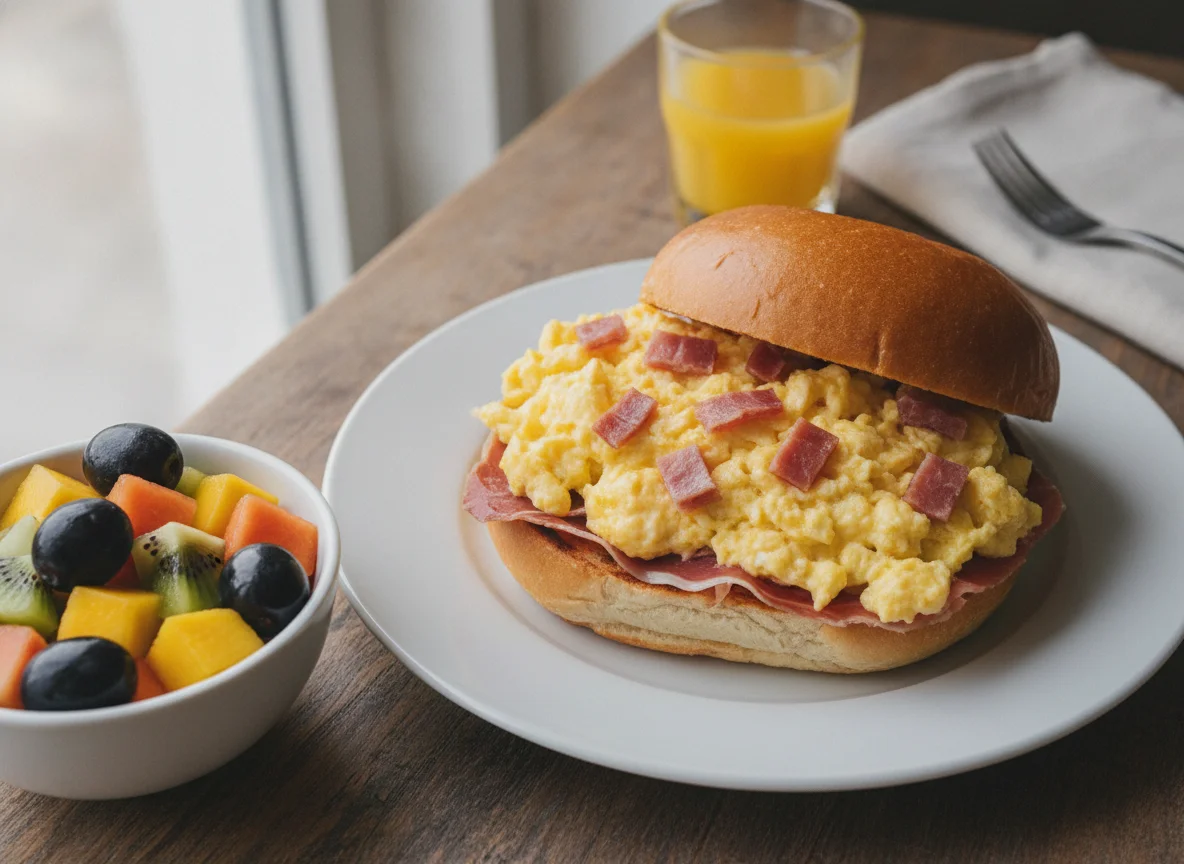 Desayuno con sándwich de huevo y ensalada de frutas photo