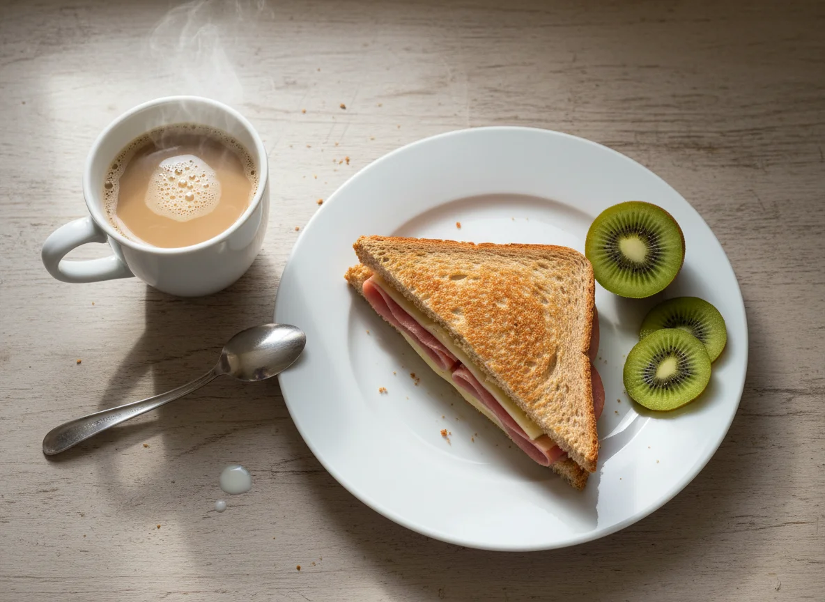 Desayuno con sándwich mixto, café con leche y kiwi photo
