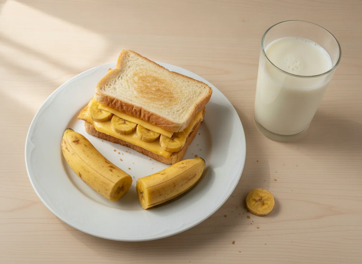 Desayuno con sándwich, plátano y leche photo