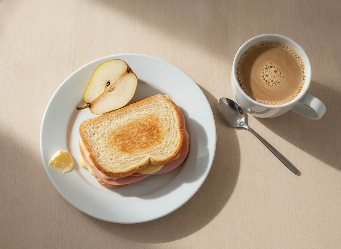Desayuno con sándwich selladito, pera y café con leche photo