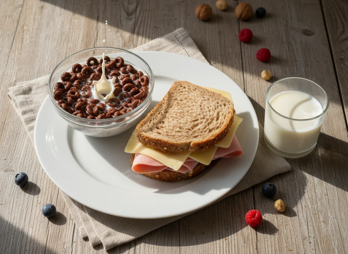 Desayuno con sándwich y cereales photo
