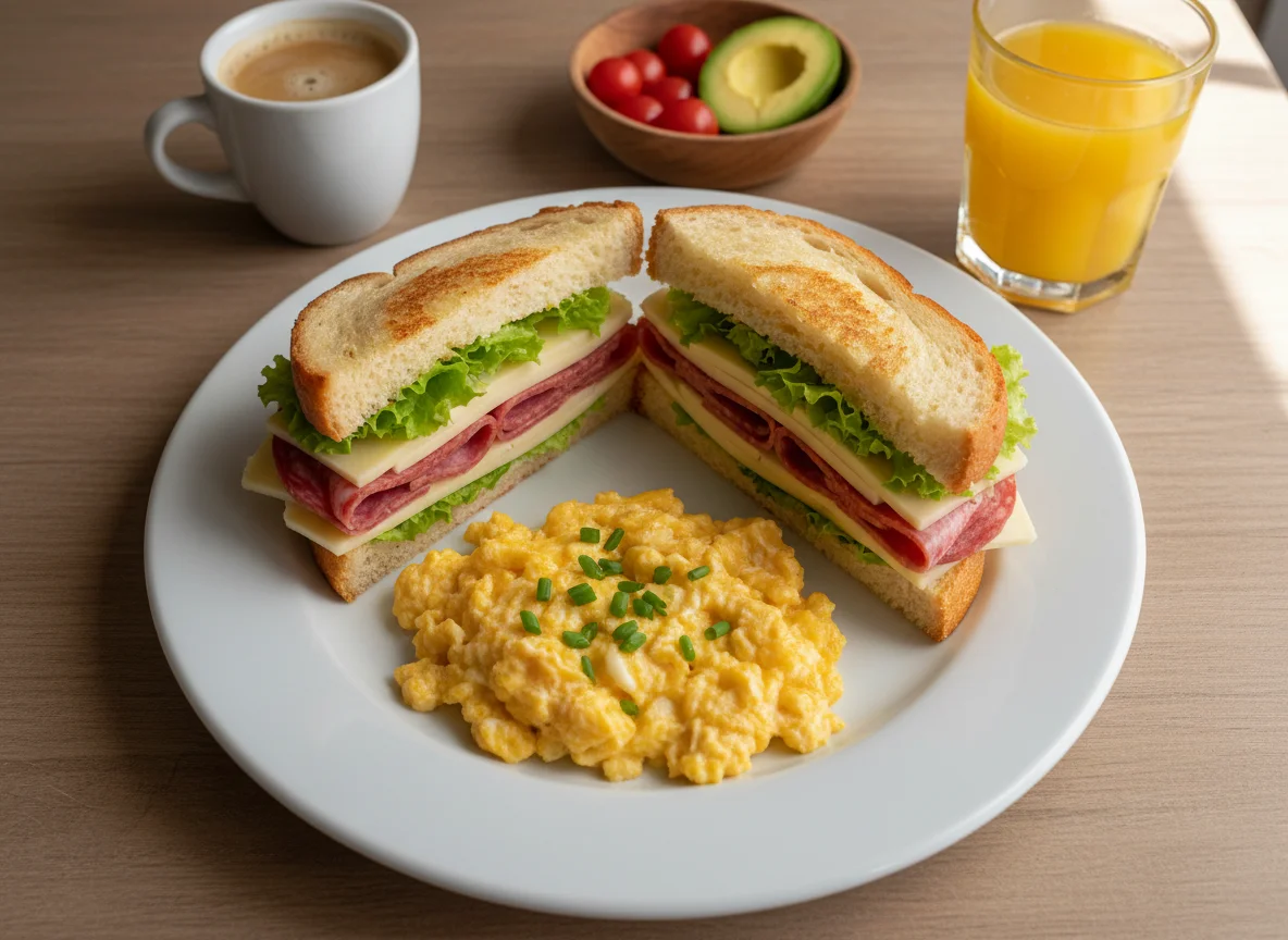 Desayuno con sándwich y huevos revueltos photo