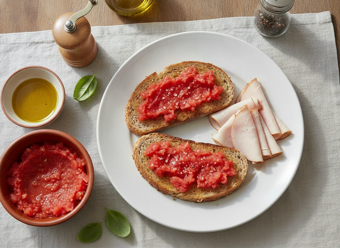 Desayuno con tomate, pan y pavo photo
