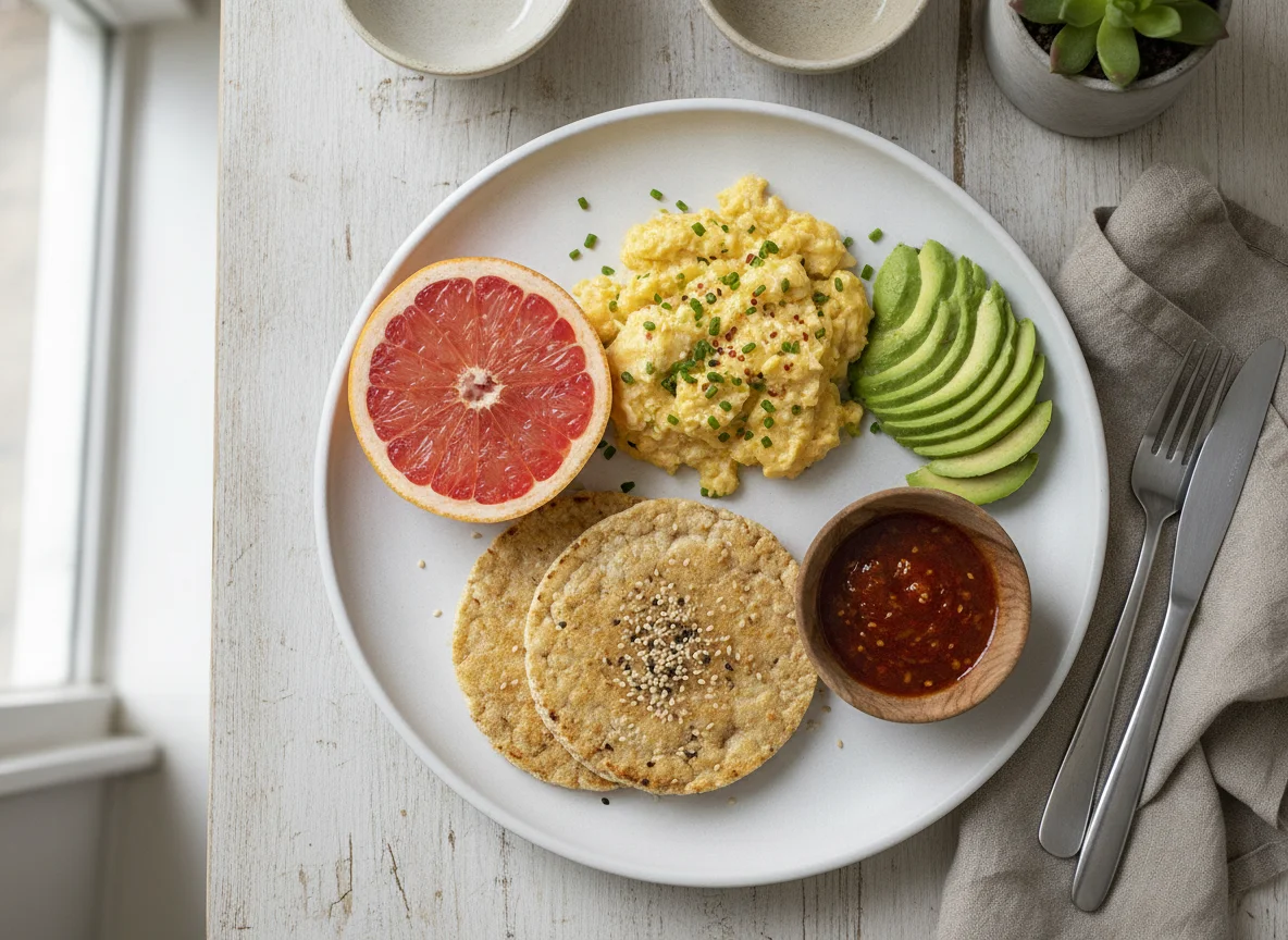 Desayuno con toronja, aguacate y huevo photo