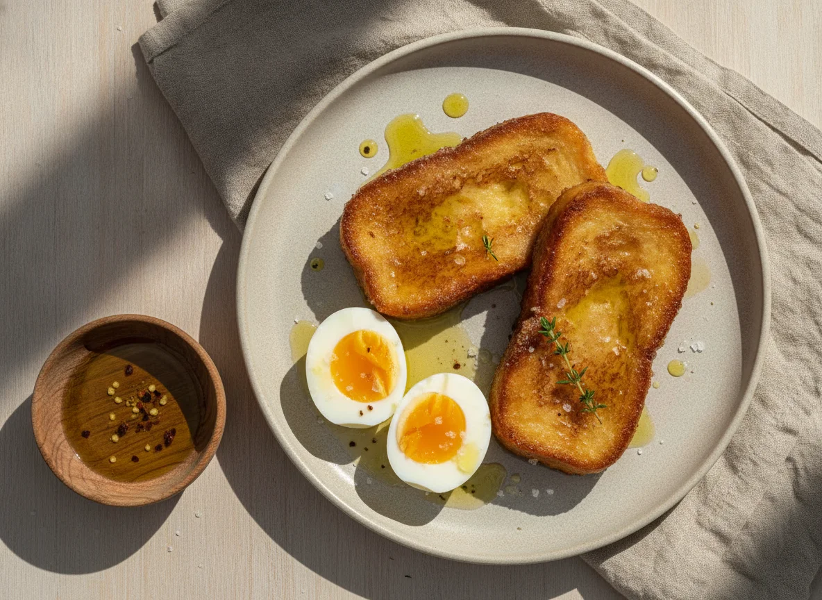 Desayuno con torrijas y huevo cocido photo